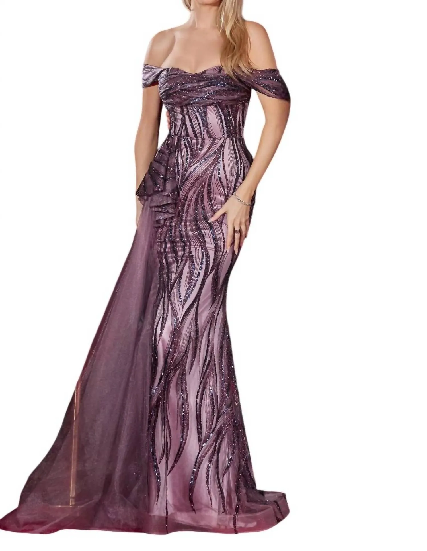 Off The Shoulder Glitter Printed Evening Gown In Eggplant