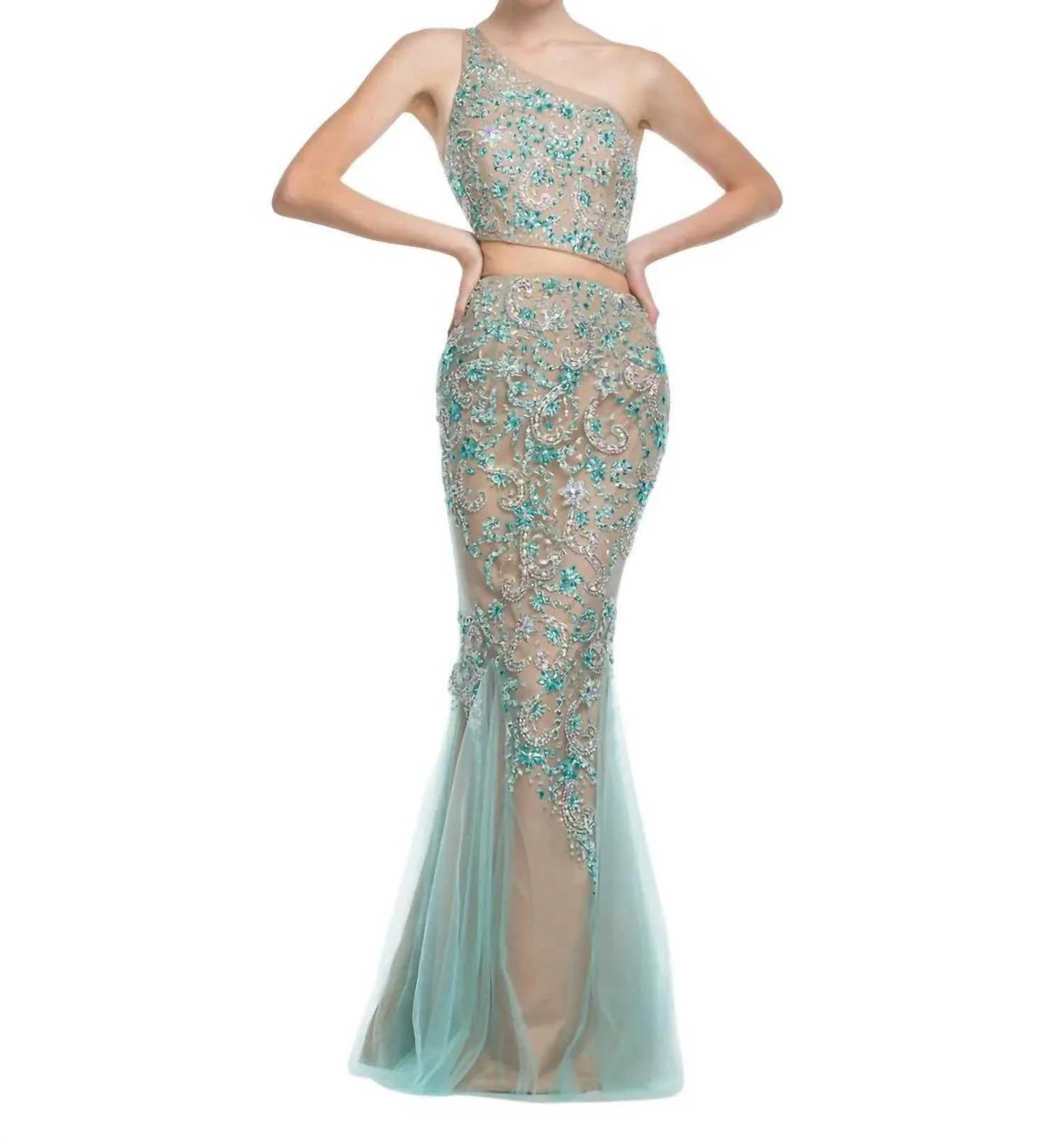One Shoulder Mesh Cut-Out Prom Dress In Aqua/nude