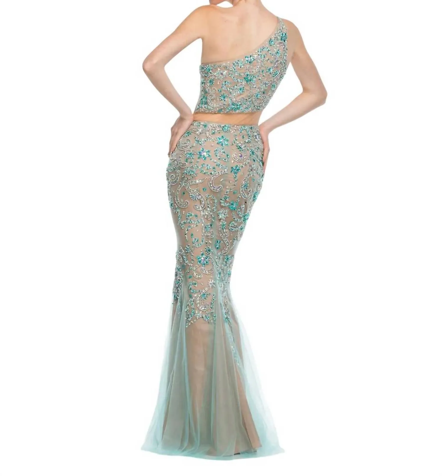 One Shoulder Mesh Cut-Out Prom Dress In Aqua/nude