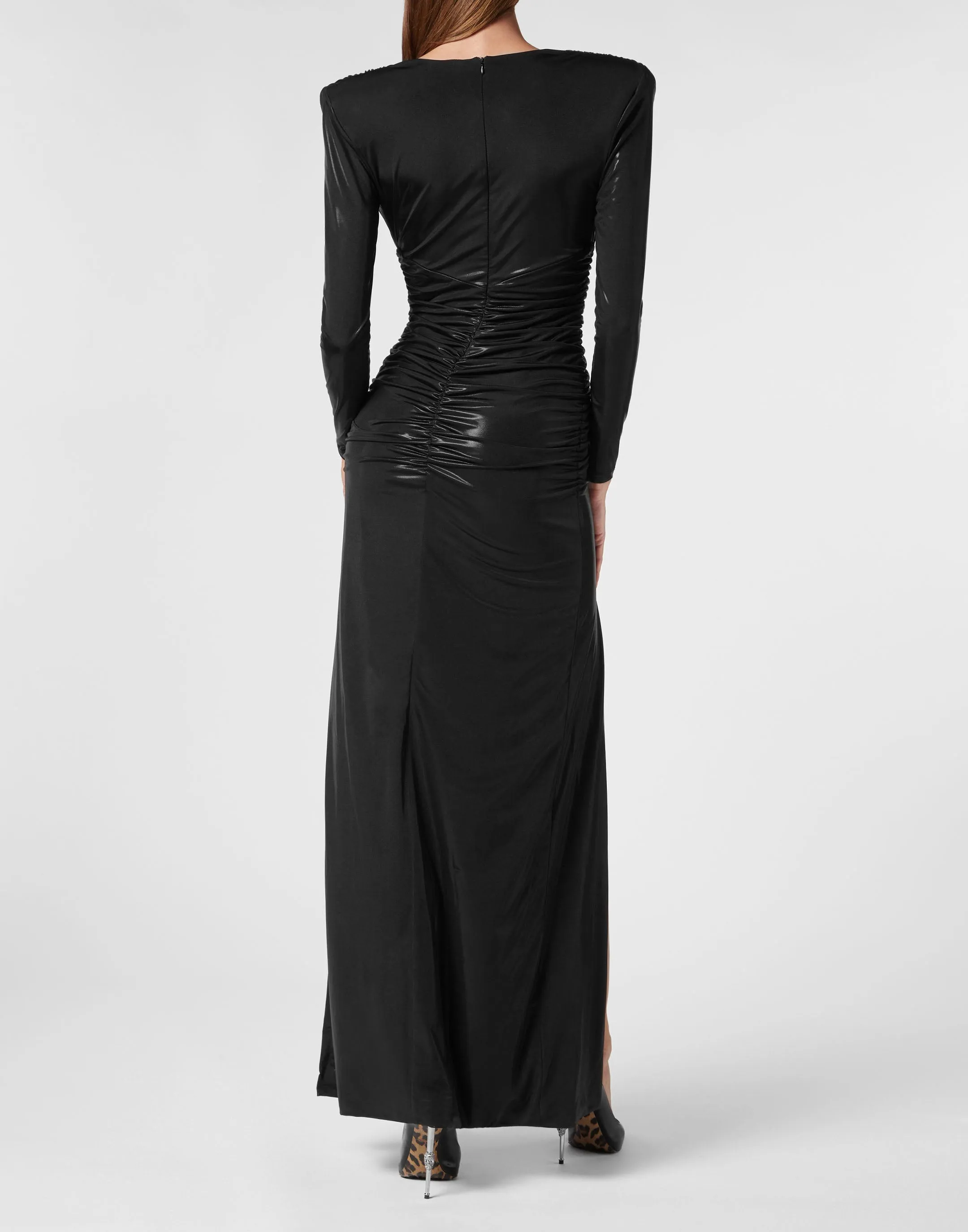 Padded Shoulder V-neck S Long Dress LS
