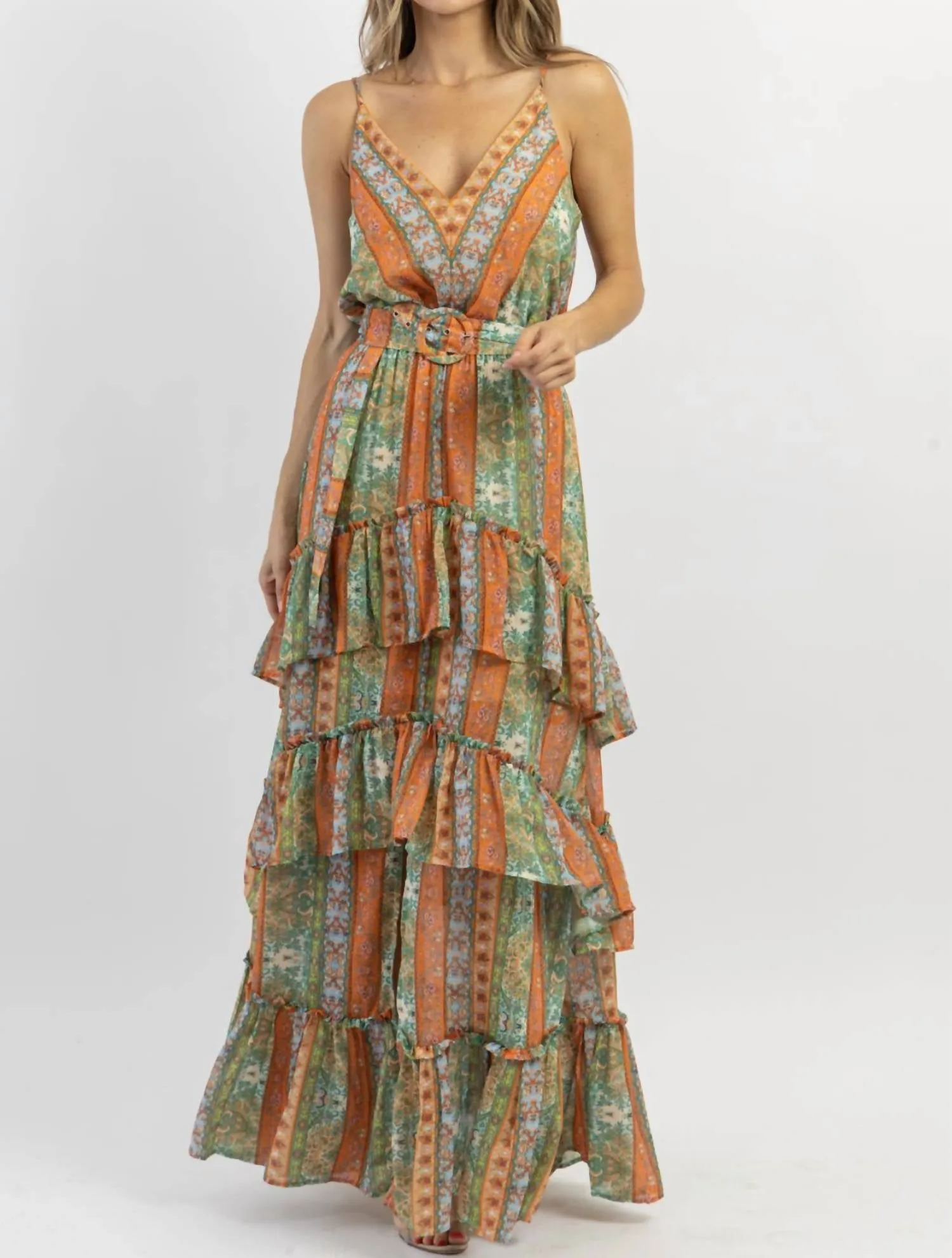 Palermo Belted Pattern Maxi Dress In Multi