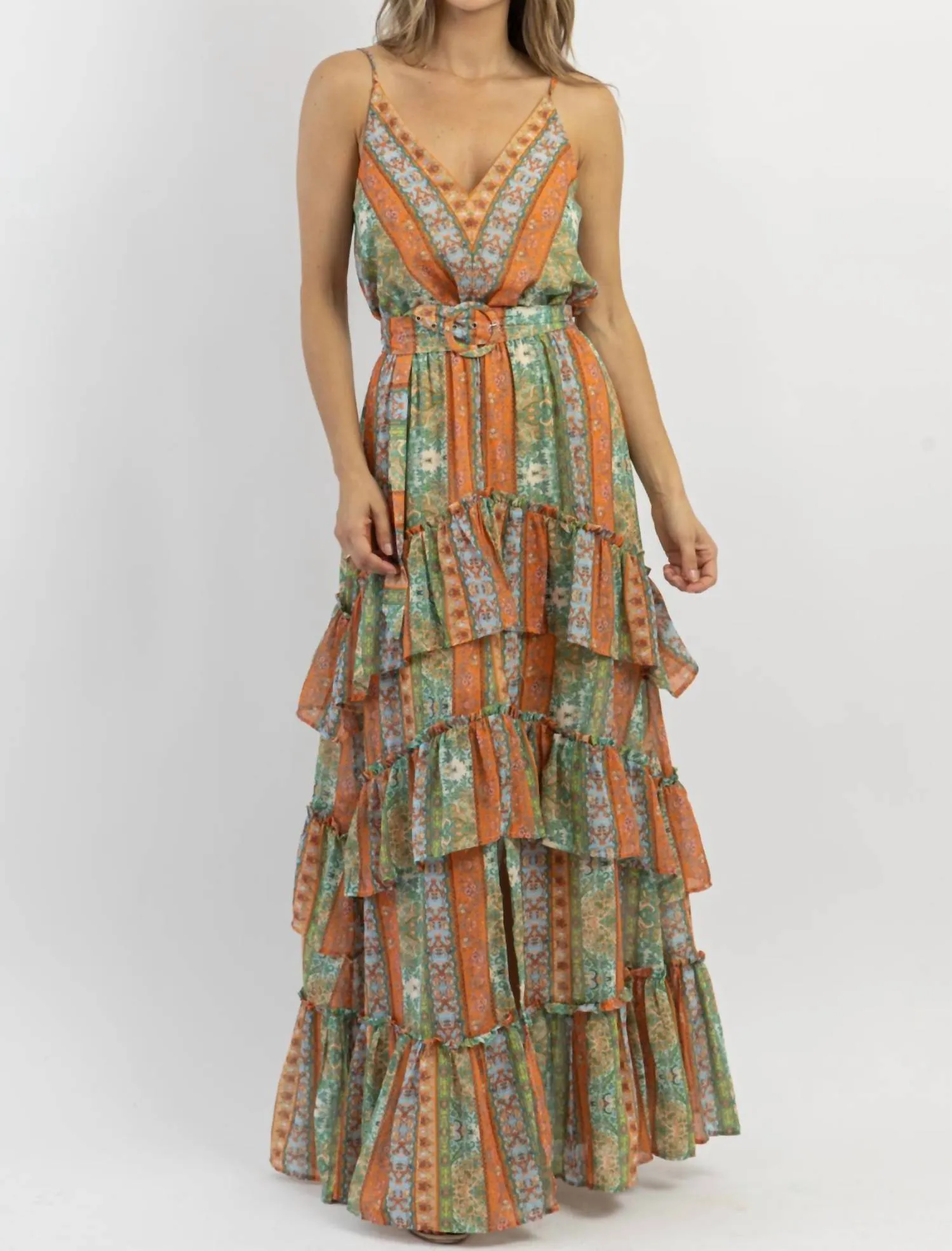 Palermo Belted Pattern Maxi Dress In Multi