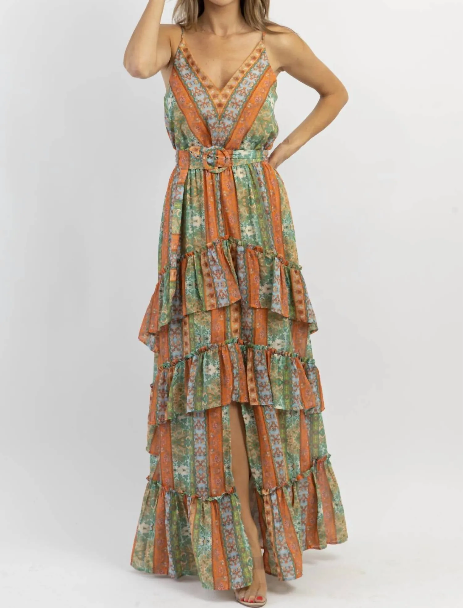 Palermo Belted Pattern Maxi Dress In Multi
