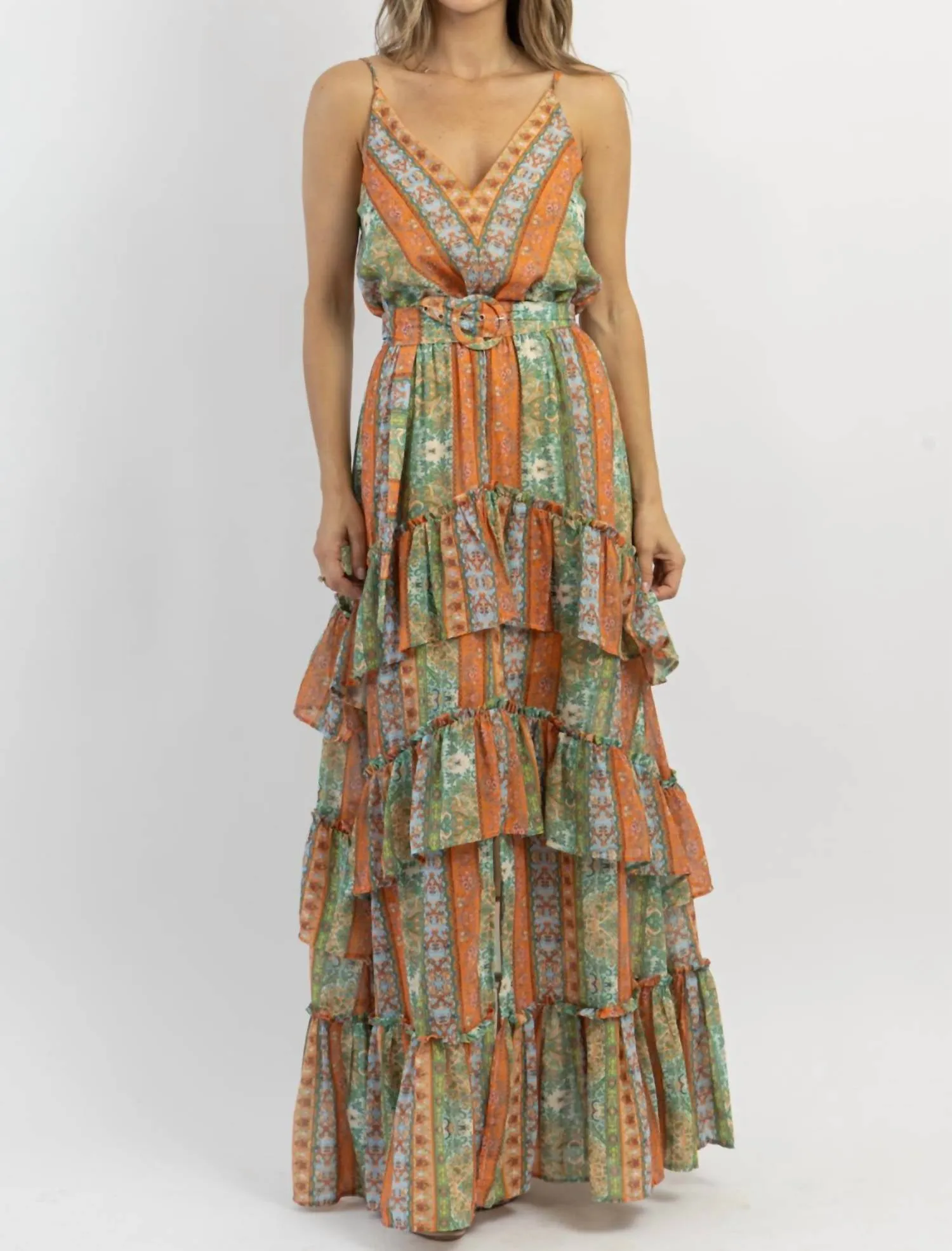 Palermo Belted Pattern Maxi Dress In Multi