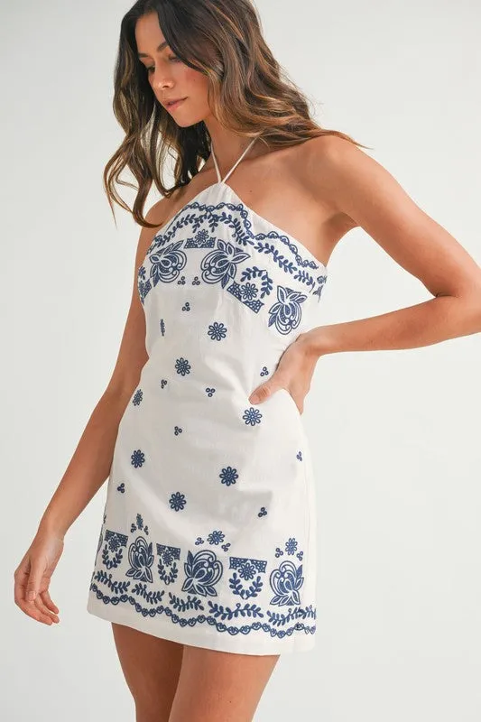 Paritza Embroidered Halter Mini Dress