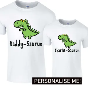 Personalised Dino Daddy & Kid Saurus Matching Tees- White daddy outfits clearance
