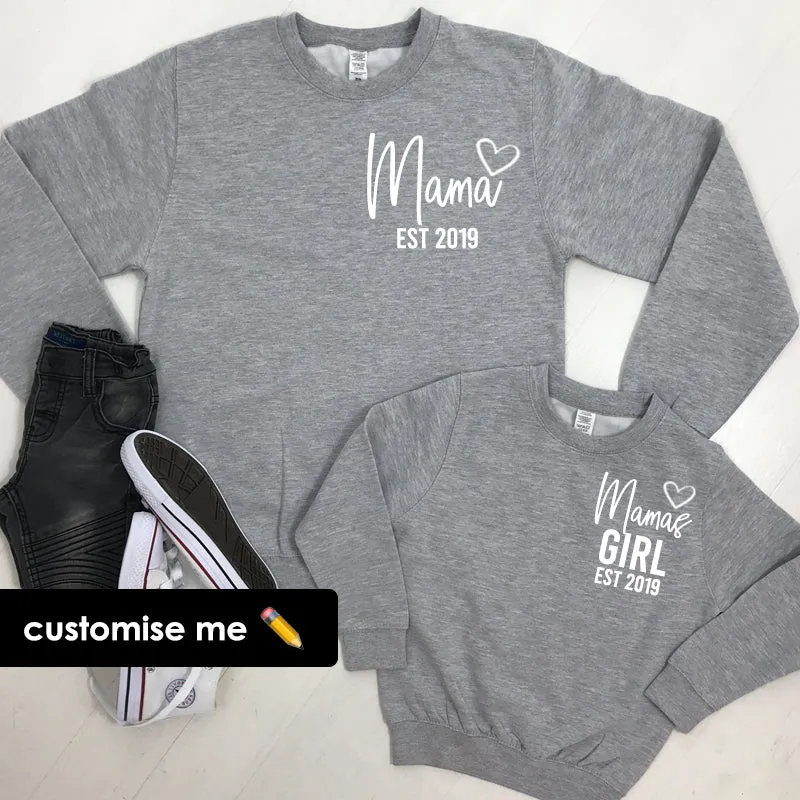 Personalised Mama & Girl Heart Established Matching Heather Grey Sweatshirts (MRK X) nursing tops best deals