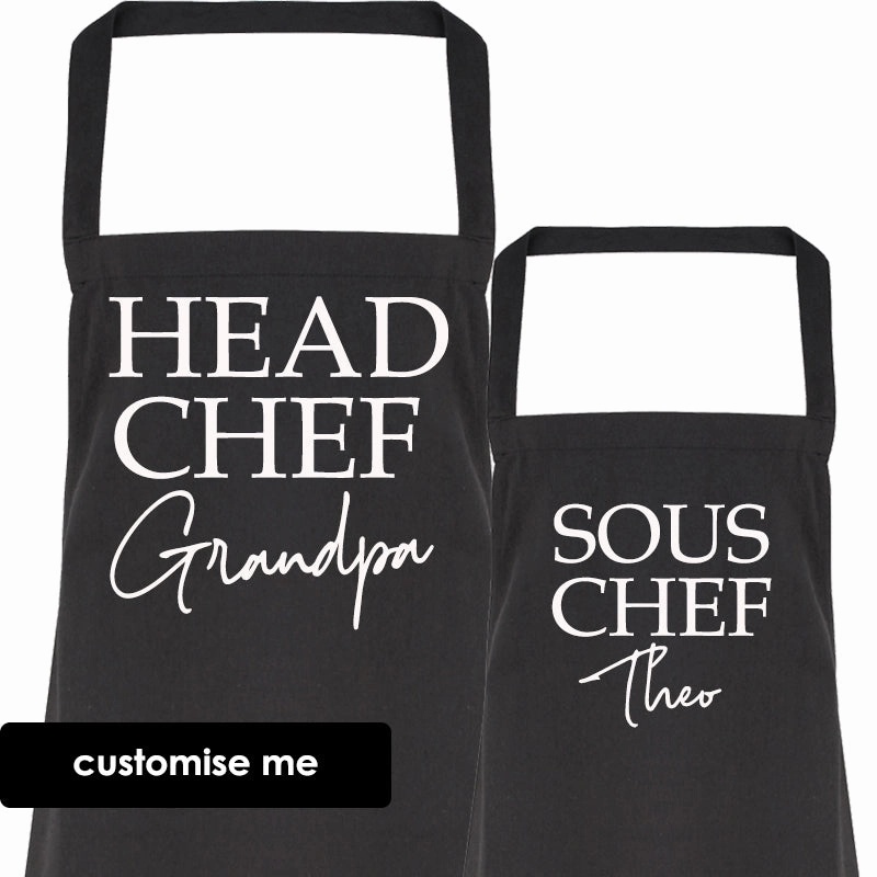 Personalised Grandpa & Sous Chef Matching Black Aprons Grandparent Clothing - grandma outfits sale