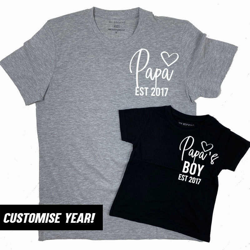 Personalised Papa & Papa's Boy Heart Established Matching T-Shirts (MRK X) Grandparent Clothing - grandpa clothes outlet