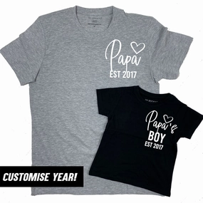 Personalised Papa & Papa's Boy Heart Established Matching T-Shirts (MRK X) Grandparent Clothing - grandpa clothes outlet
