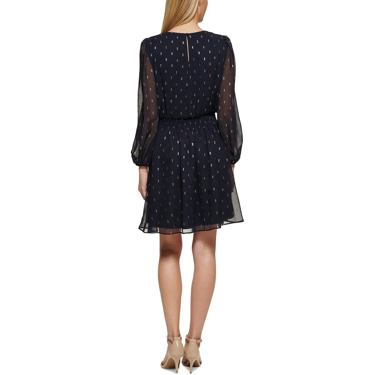 Petites Womens Chiffon Metallic Fit & Flare Dress