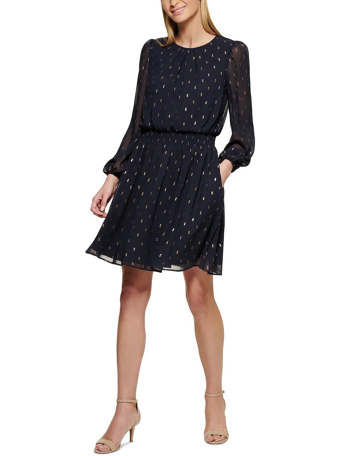 Petites Womens Chiffon Metallic Fit & Flare Dress