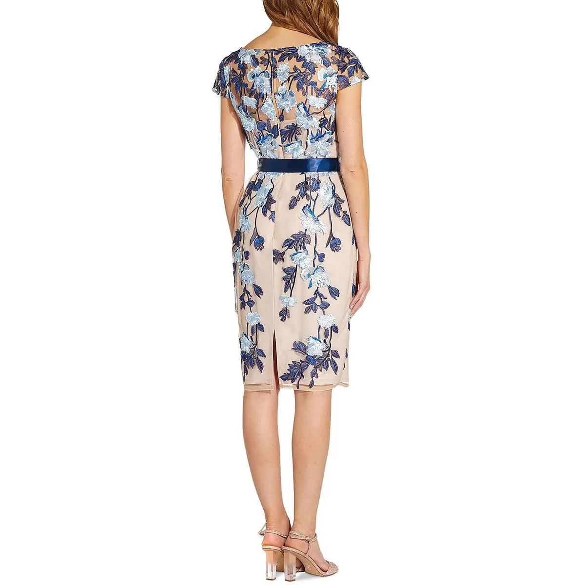 Petites Womens Embroidered Mini Sheath Dress