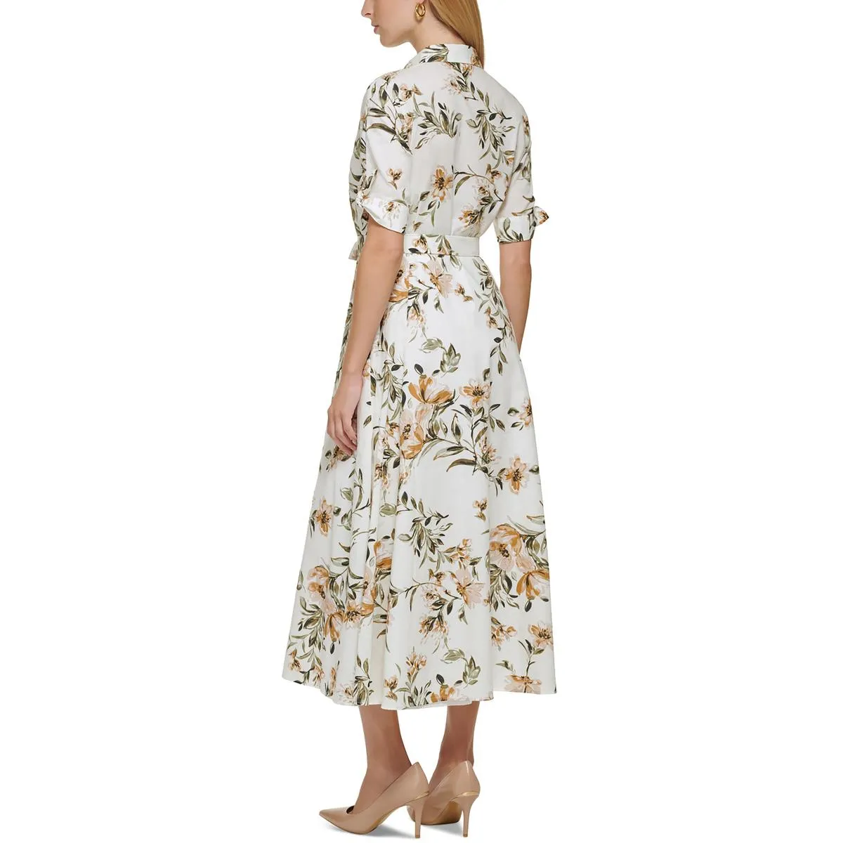 Petites Womens Floral Print Maxi Shirtdress