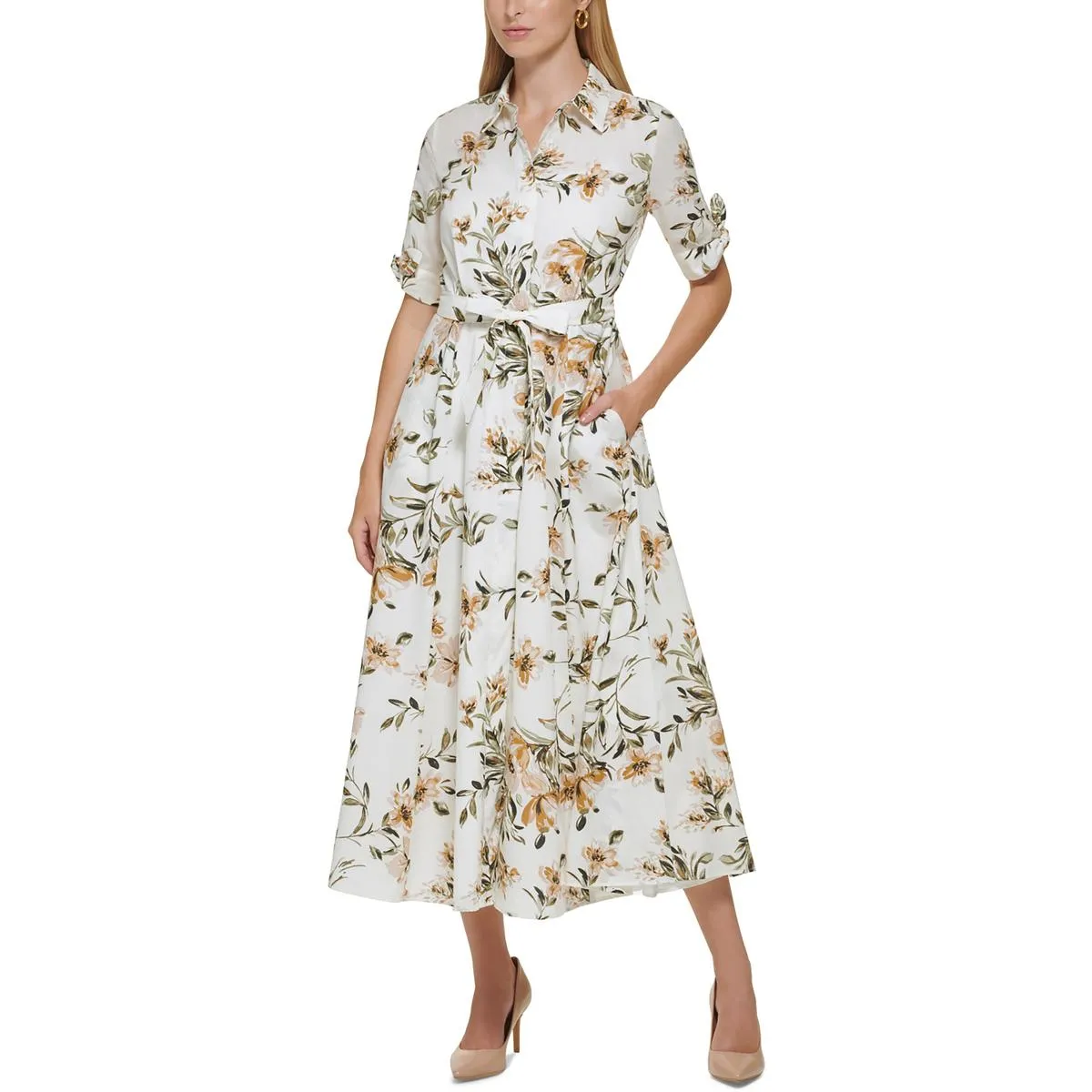 Petites Womens Floral Print Maxi Shirtdress