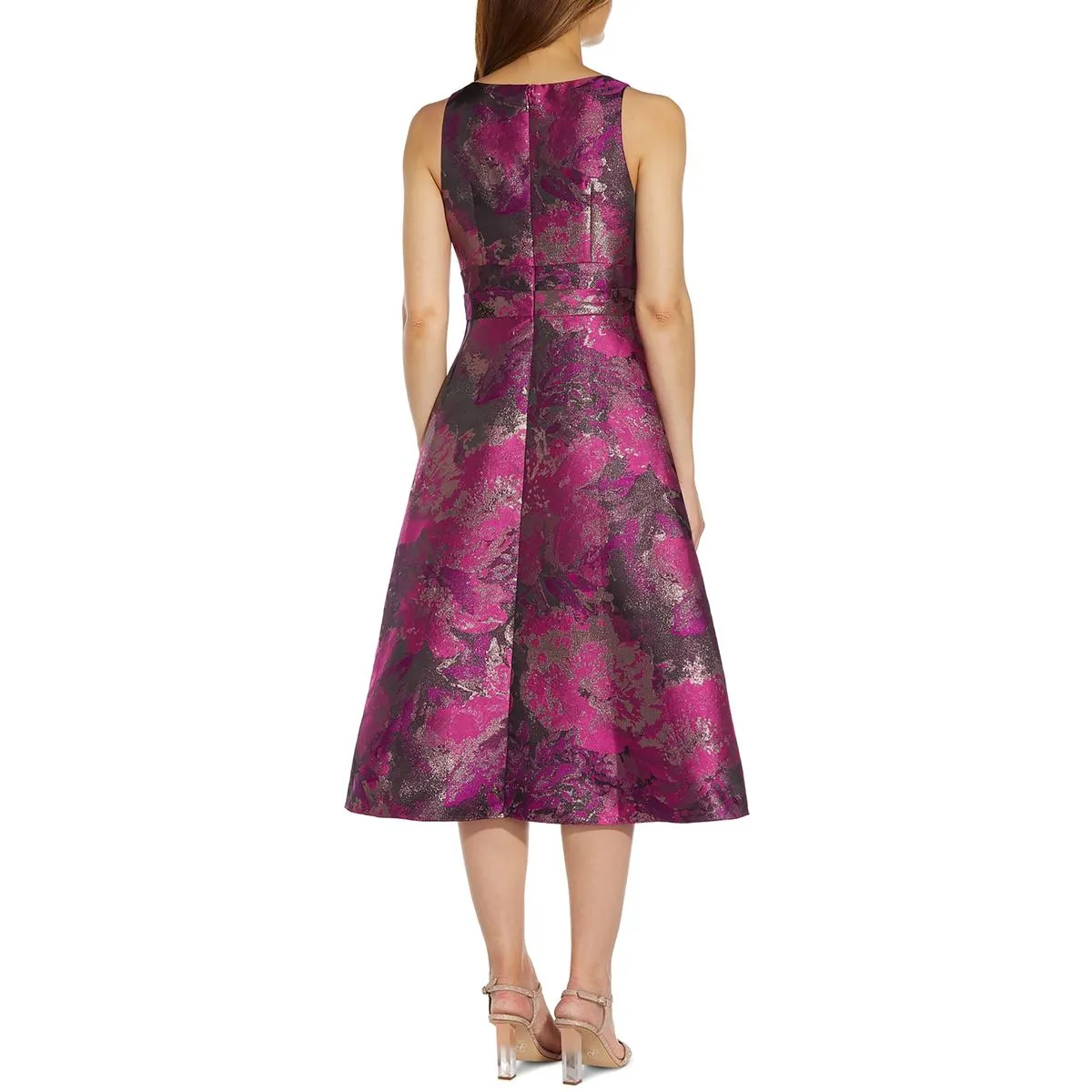 Petites Womens Jacquard Metallic Fit & Flare Dress