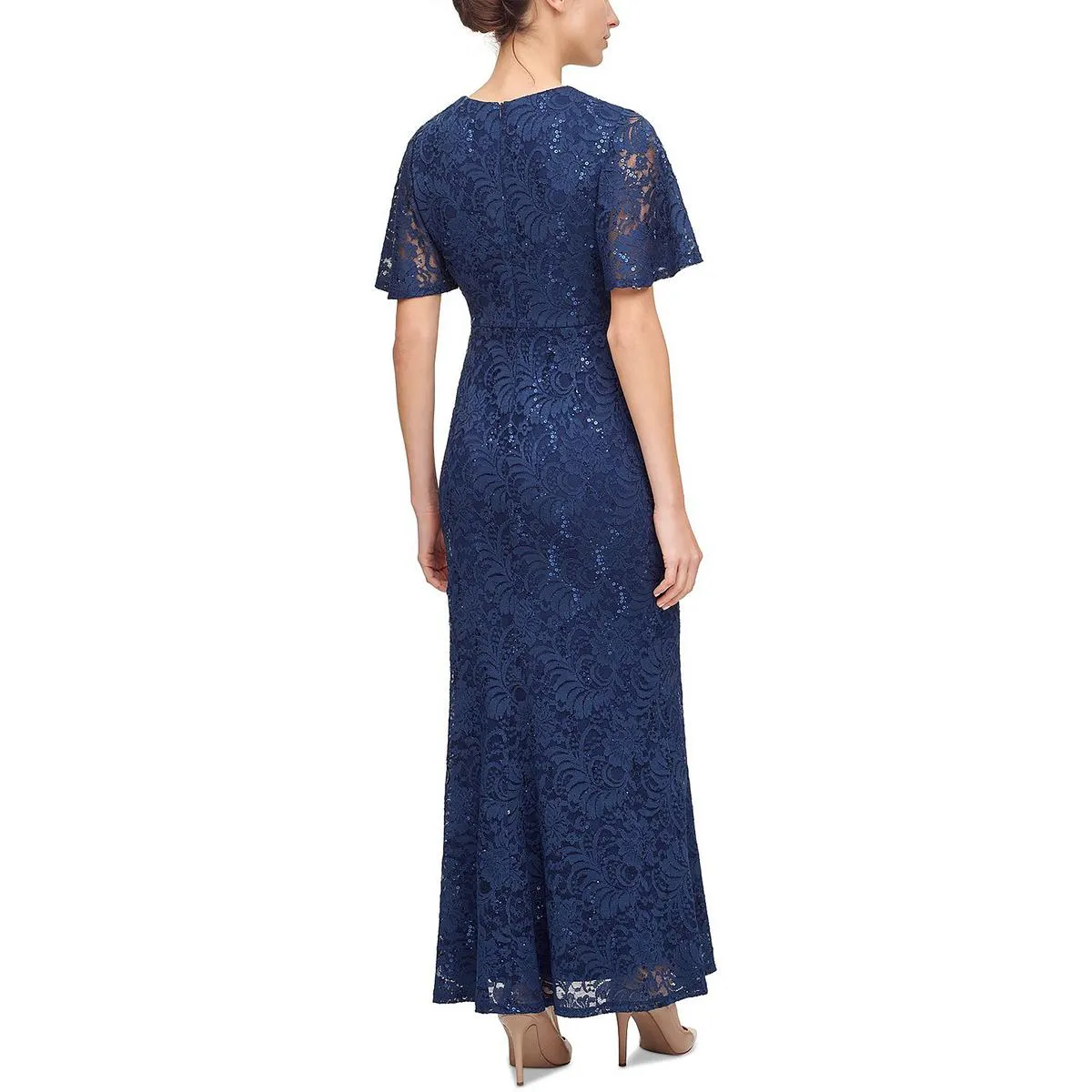Petites Womens Lace Maxi Evening Dress