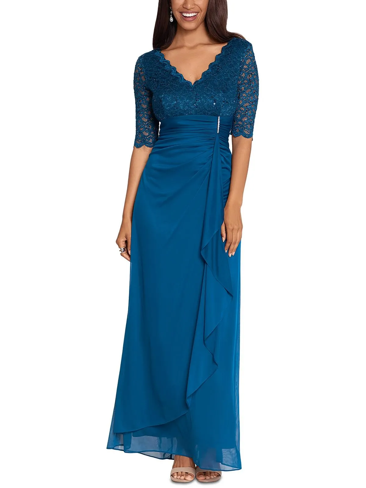 Petites Womens Lace Overlay Embellished Evening Dress