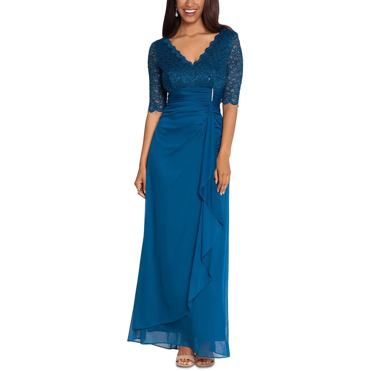 Petites Womens Lace Overlay Embellished Evening Dress