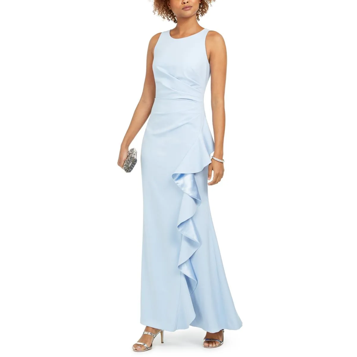 Petites Womens Ruffled Gathered Formal Dress