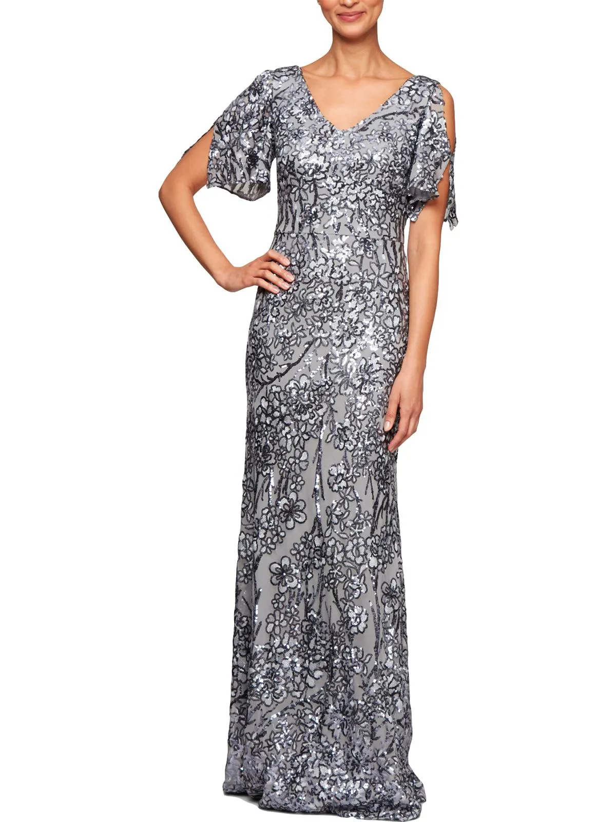 Petites Womens Sequined Cold Shoulder Evening Dress