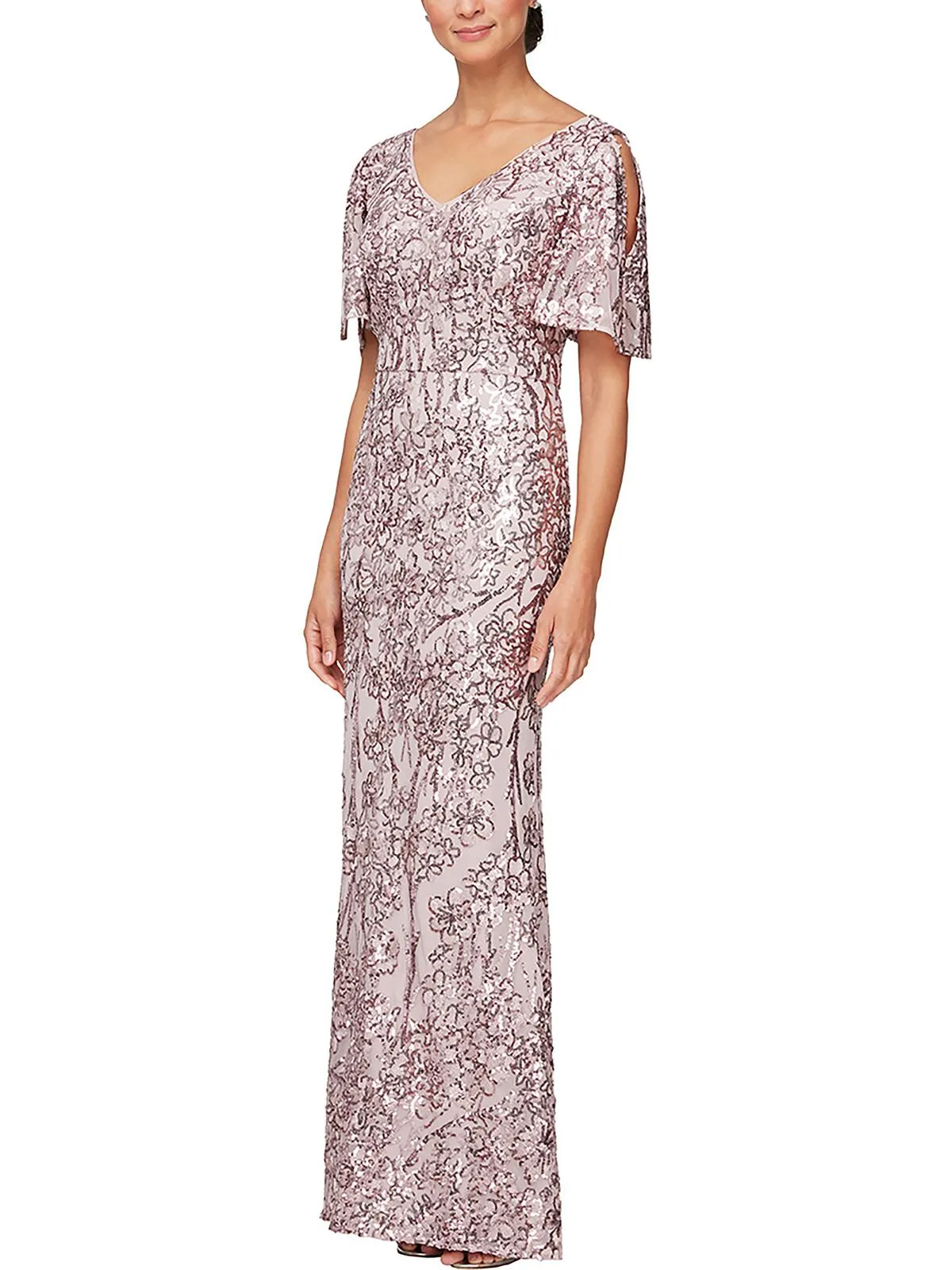 Petites Womens Sequined Cold Shoulder Evening Dress