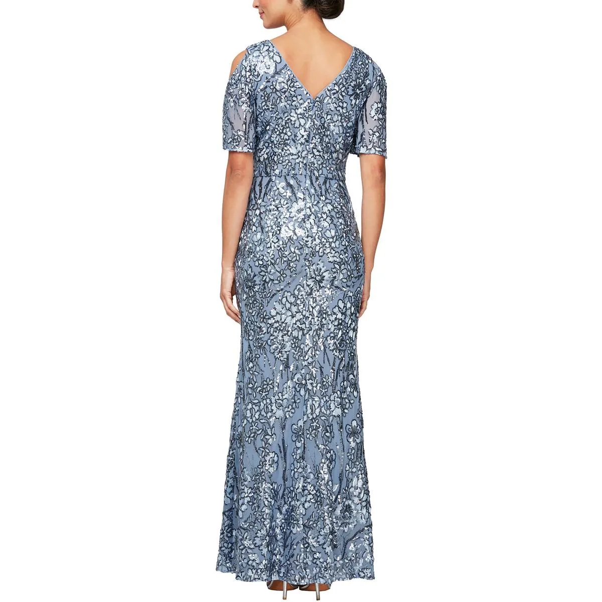 Petites Womens Sequined Cold Shoulder Evening Dress