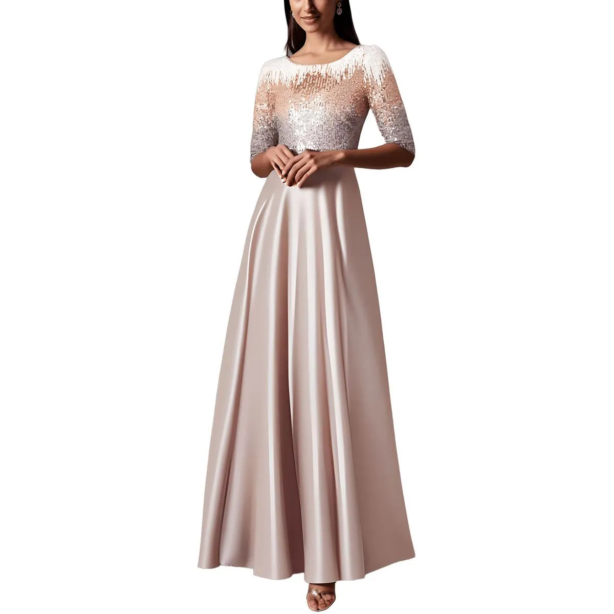 Petites Womens Sequined Satin Evening Dress