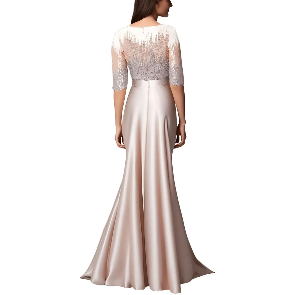 Petites Womens Sequined Satin Evening Dress