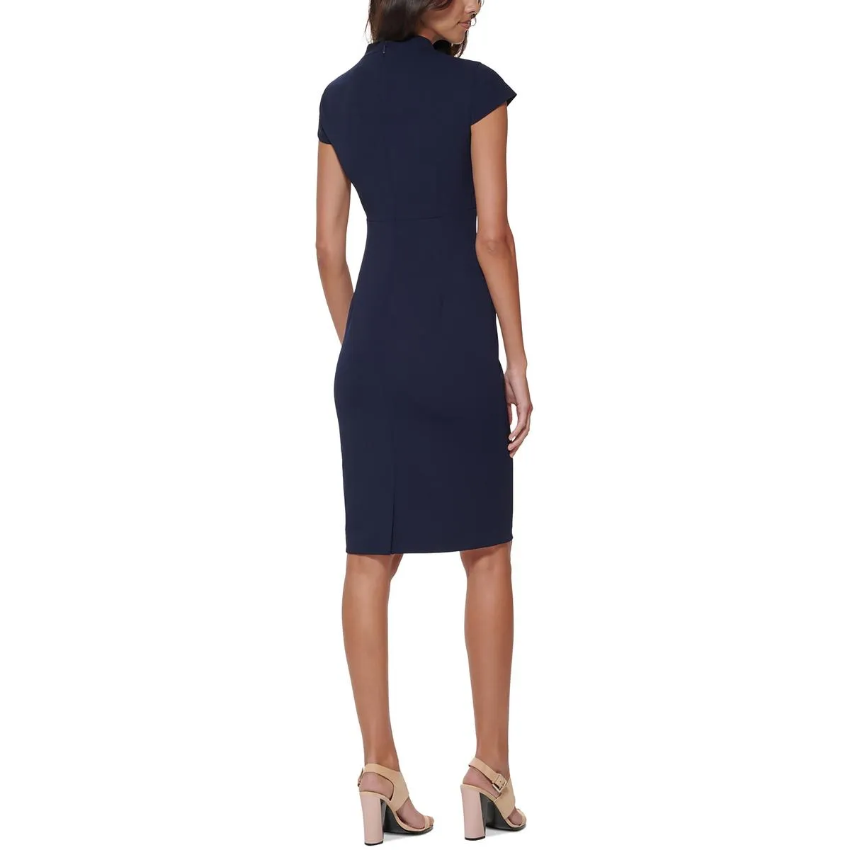 Petites Womens Split Neck Mini Sheath Dress