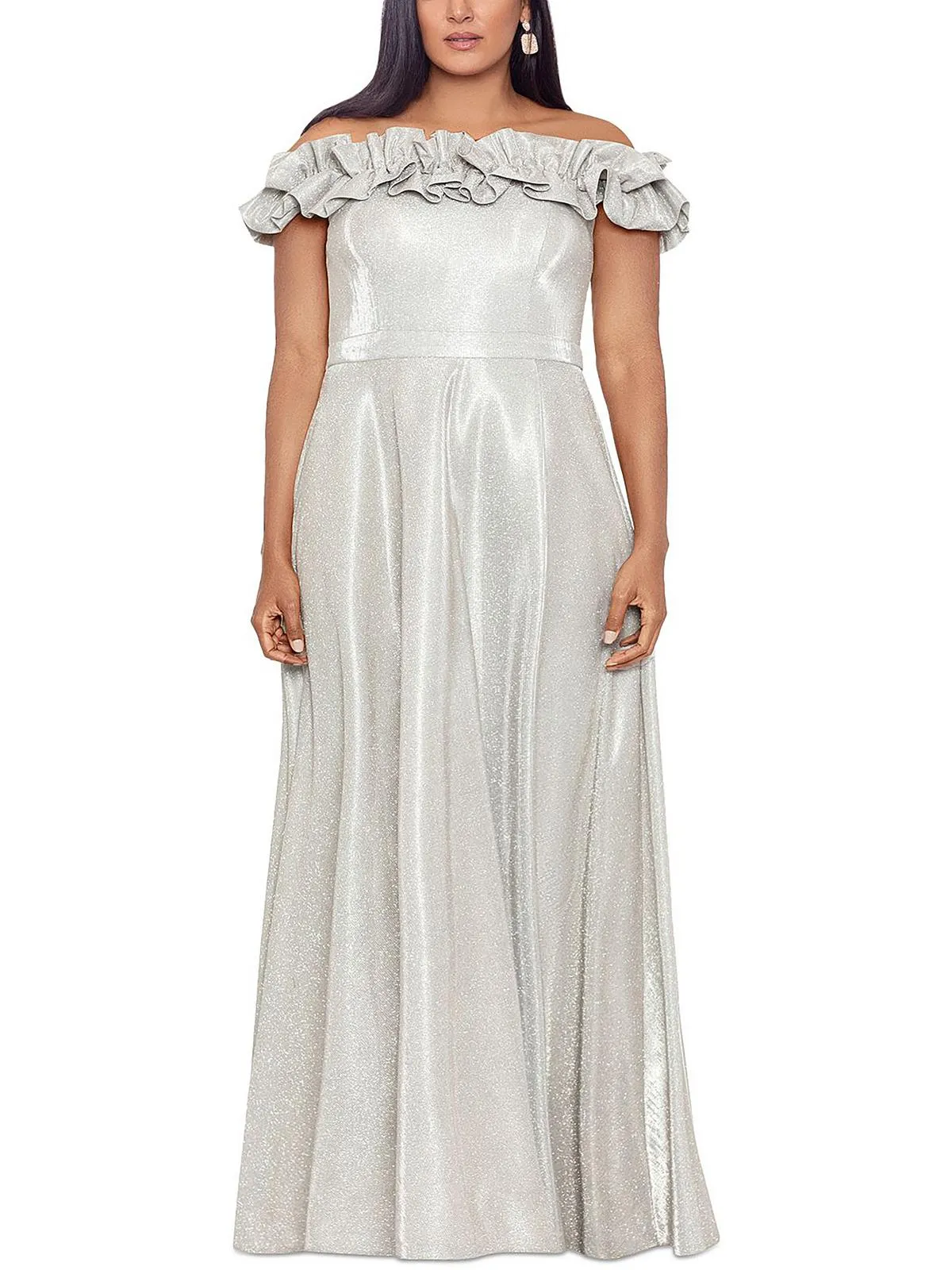 Plus Womens Metallic Strapless Evening Dress