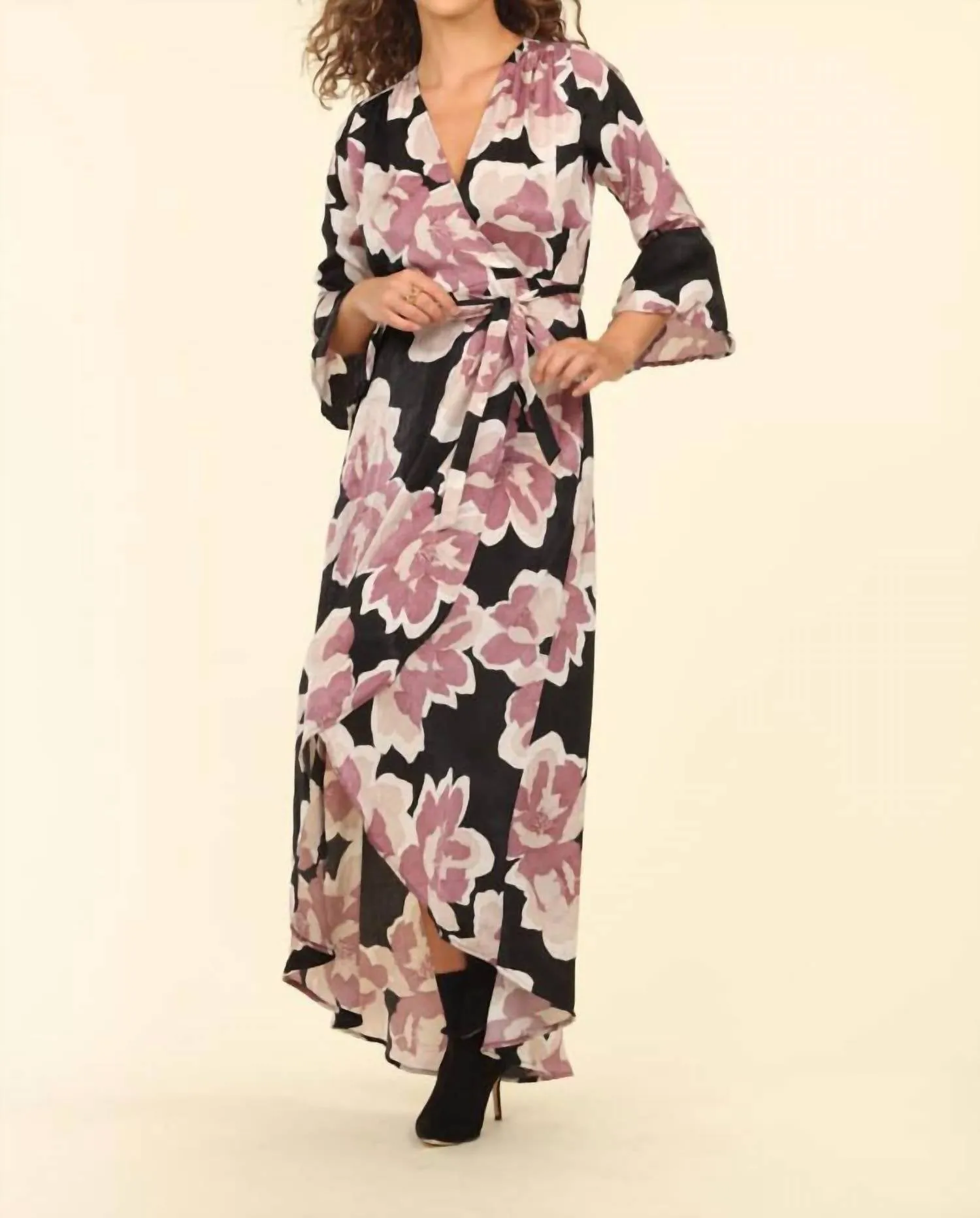 Romano Wrap Maxi Dress With Bell Sleeve In Black