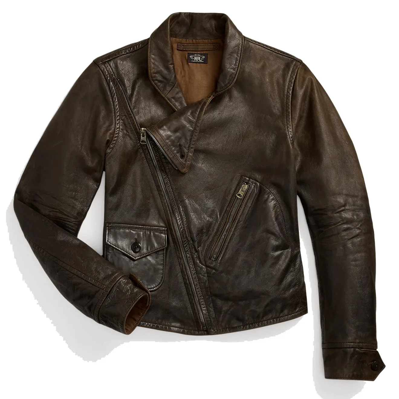 RRL by Ralph Lauren Womens Leather Moto Jacket Dark Sepia raincoats promo code