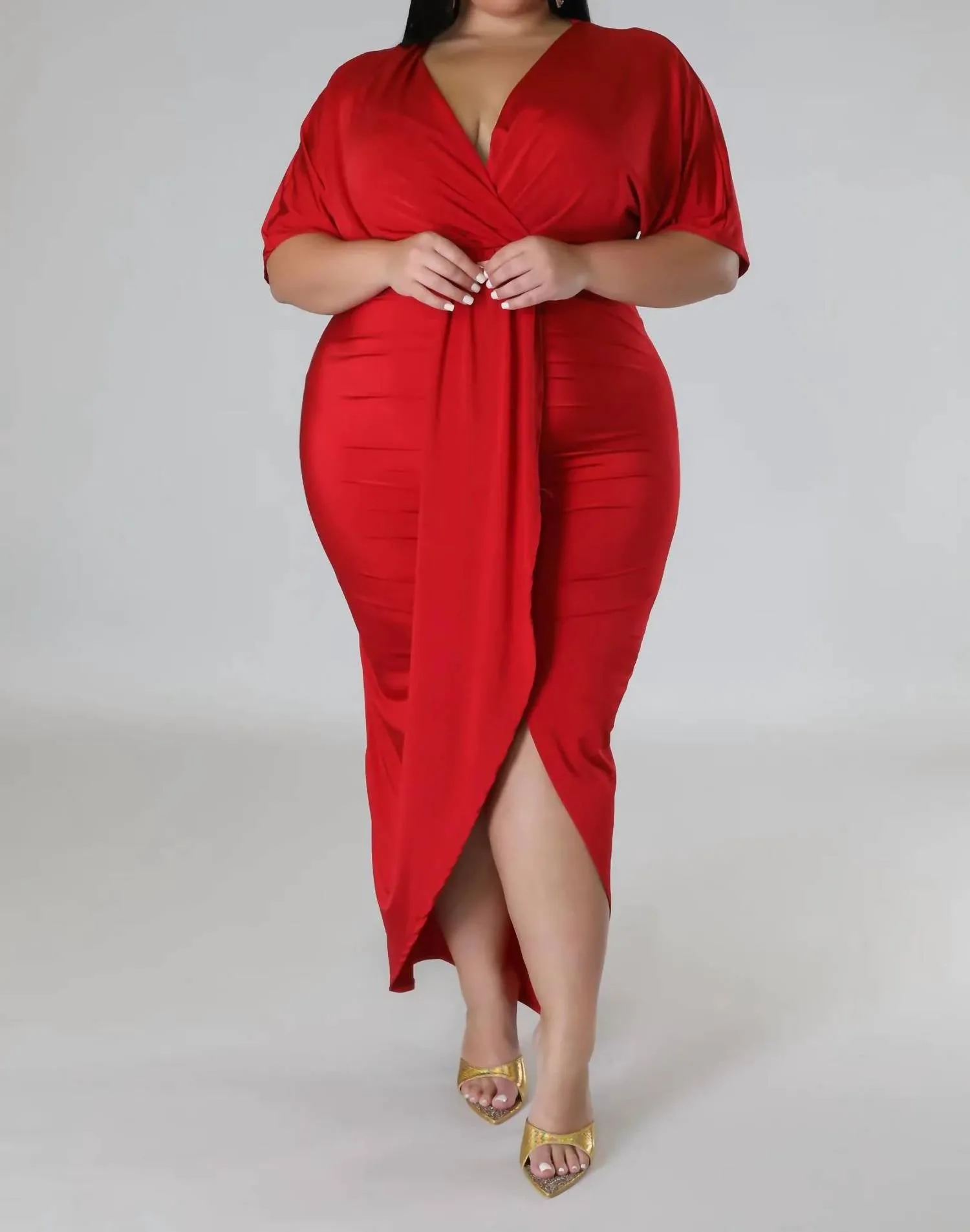 Ruched Front Slit Dress In Red