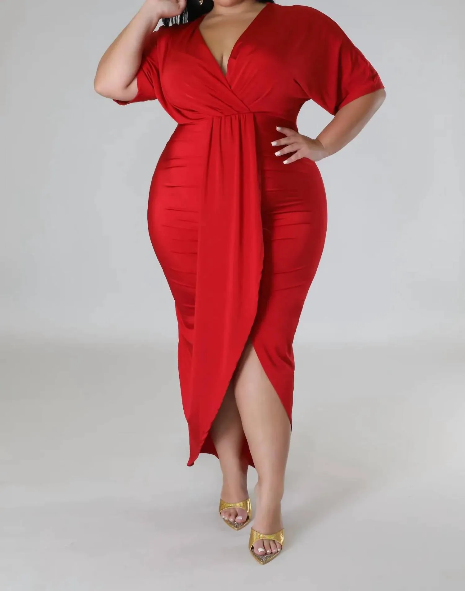 Ruched Front Slit Dress In Red