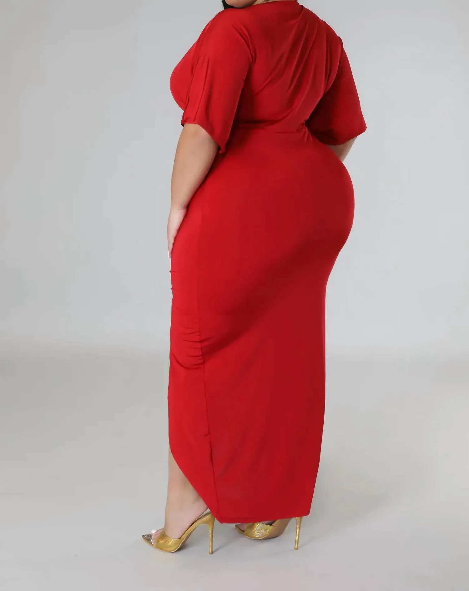 Ruched Front Slit Dress In Red