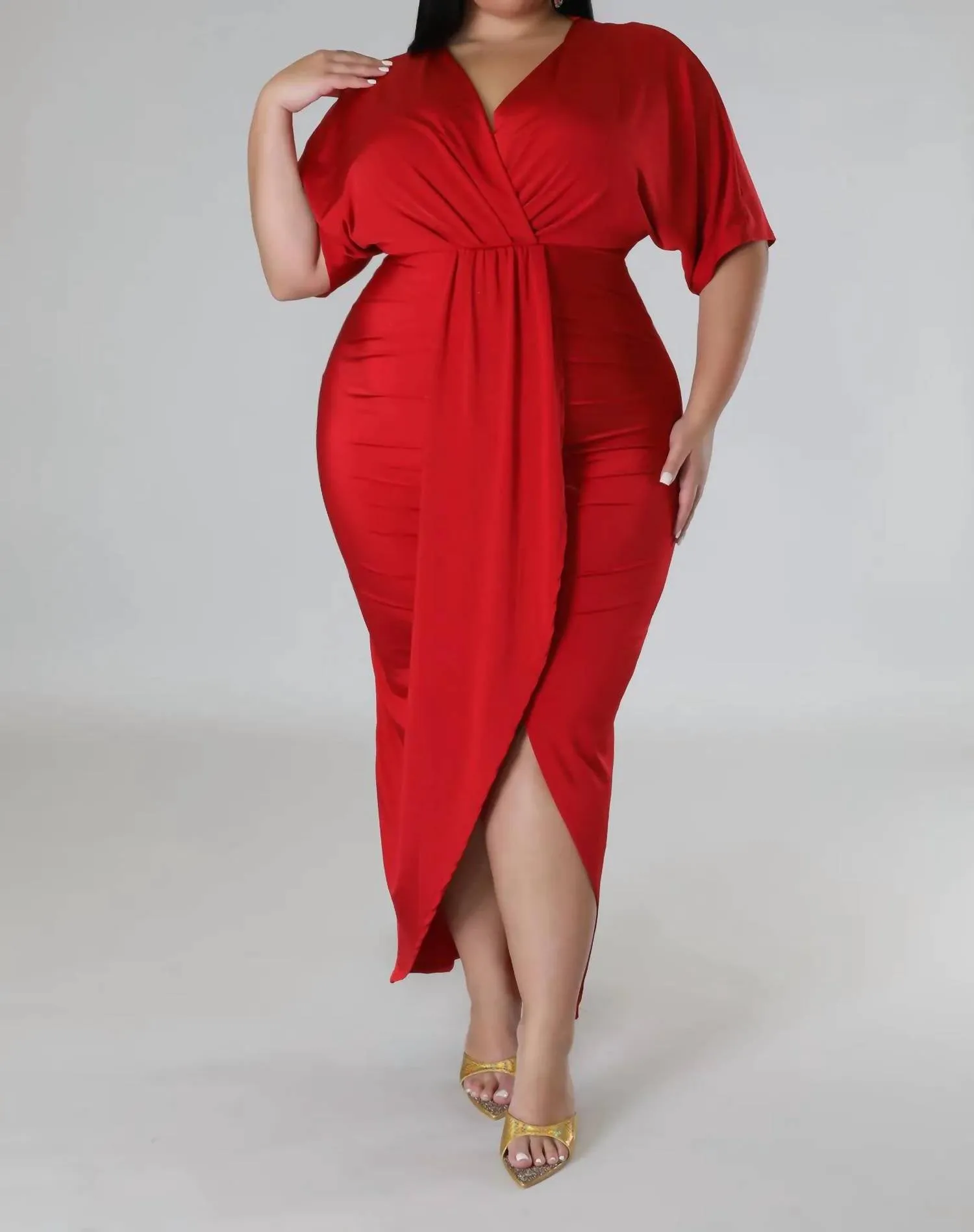 Ruched Front Slit Dress In Red