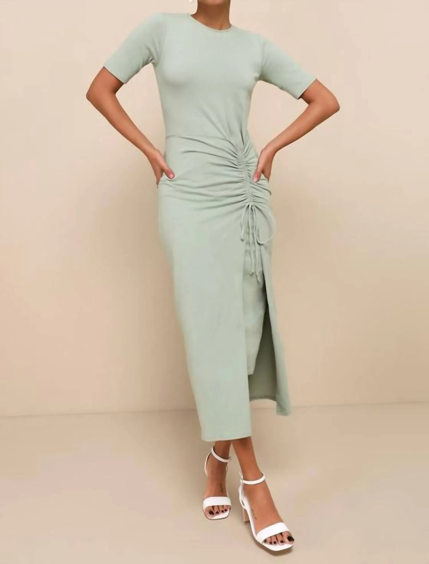 Ruched Short Sleeve Midi Dress In Sage Green