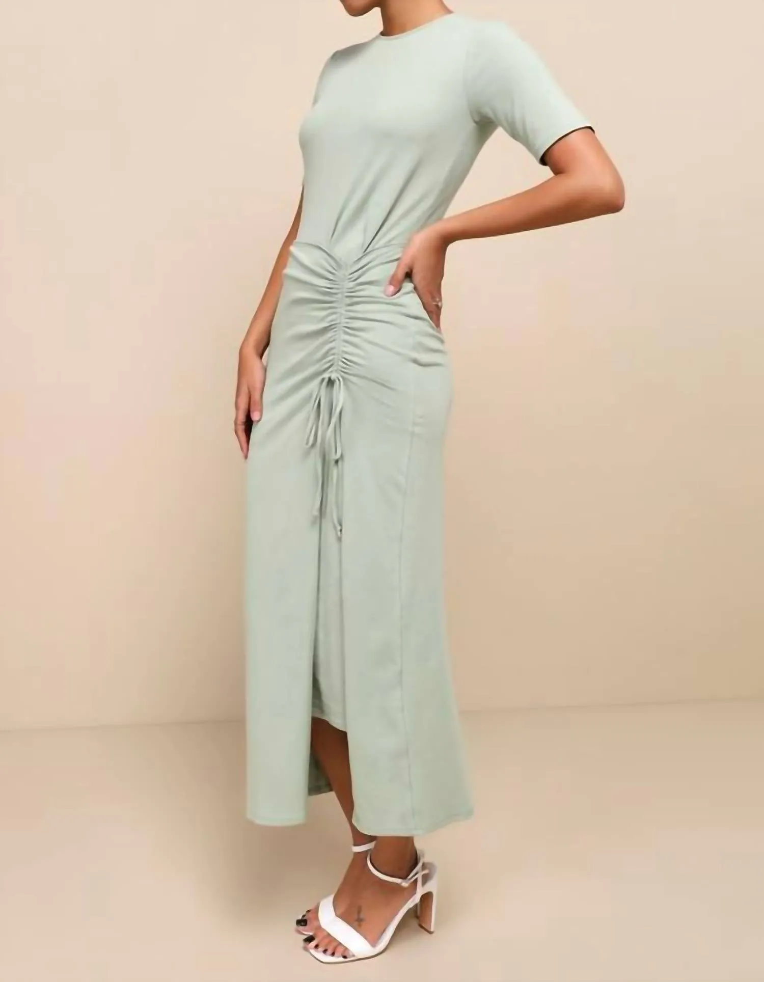 Ruched Short Sleeve Midi Dress In Sage Green