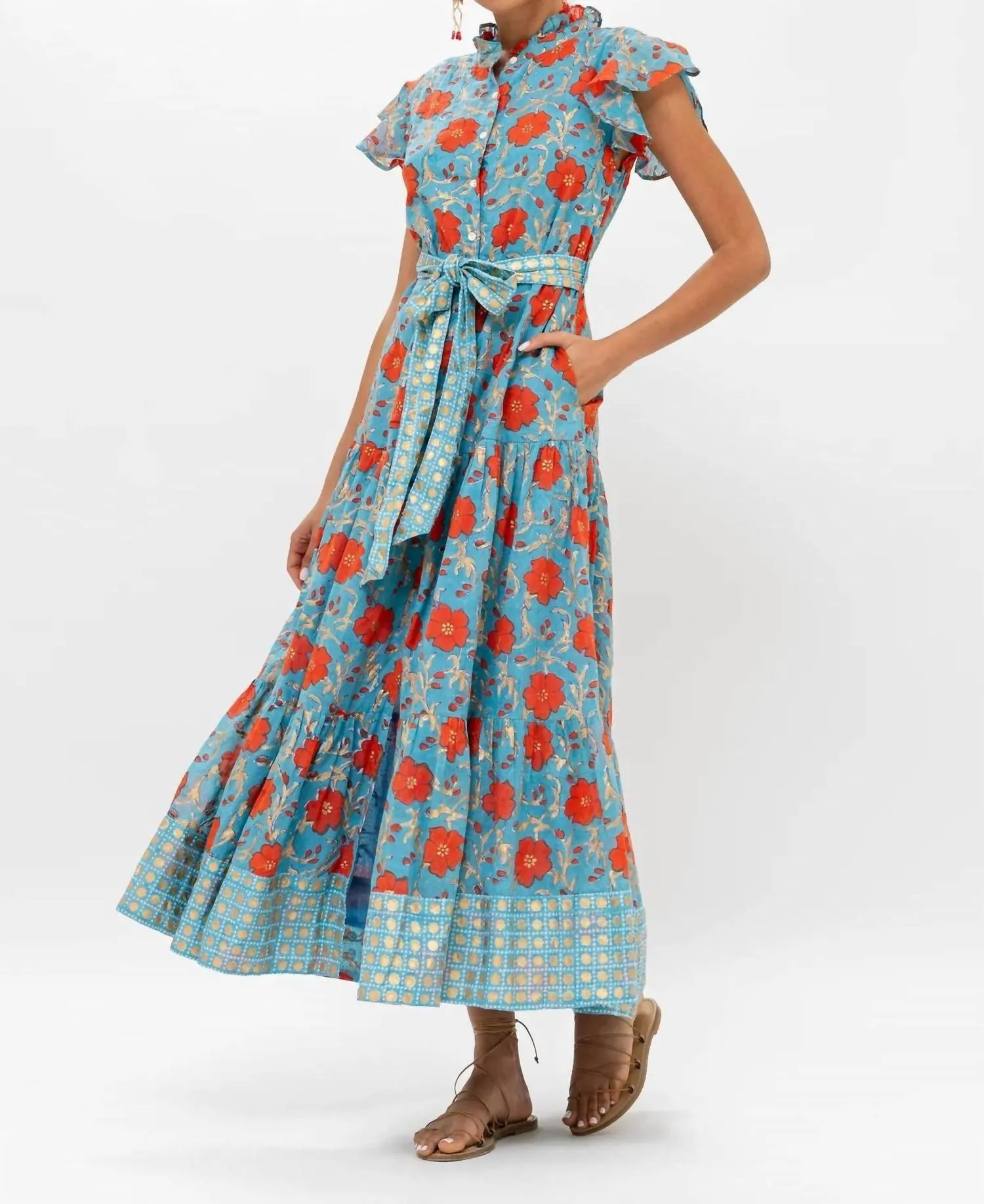Ruffle Collar Button Maxi Dress In Poppy Red