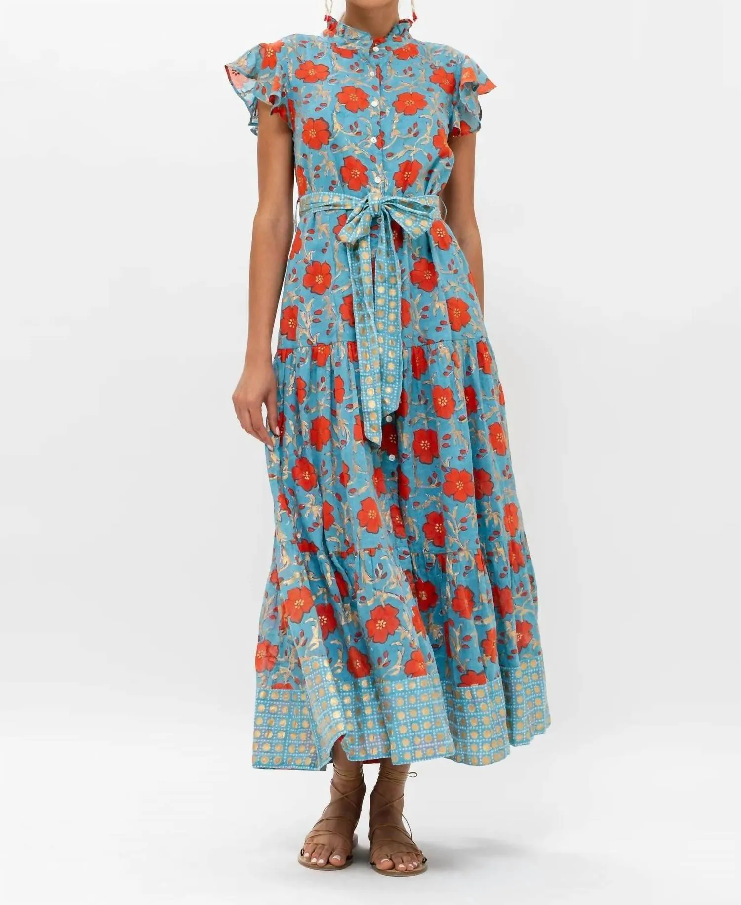 Ruffle Collar Button Maxi Dress In Poppy Red