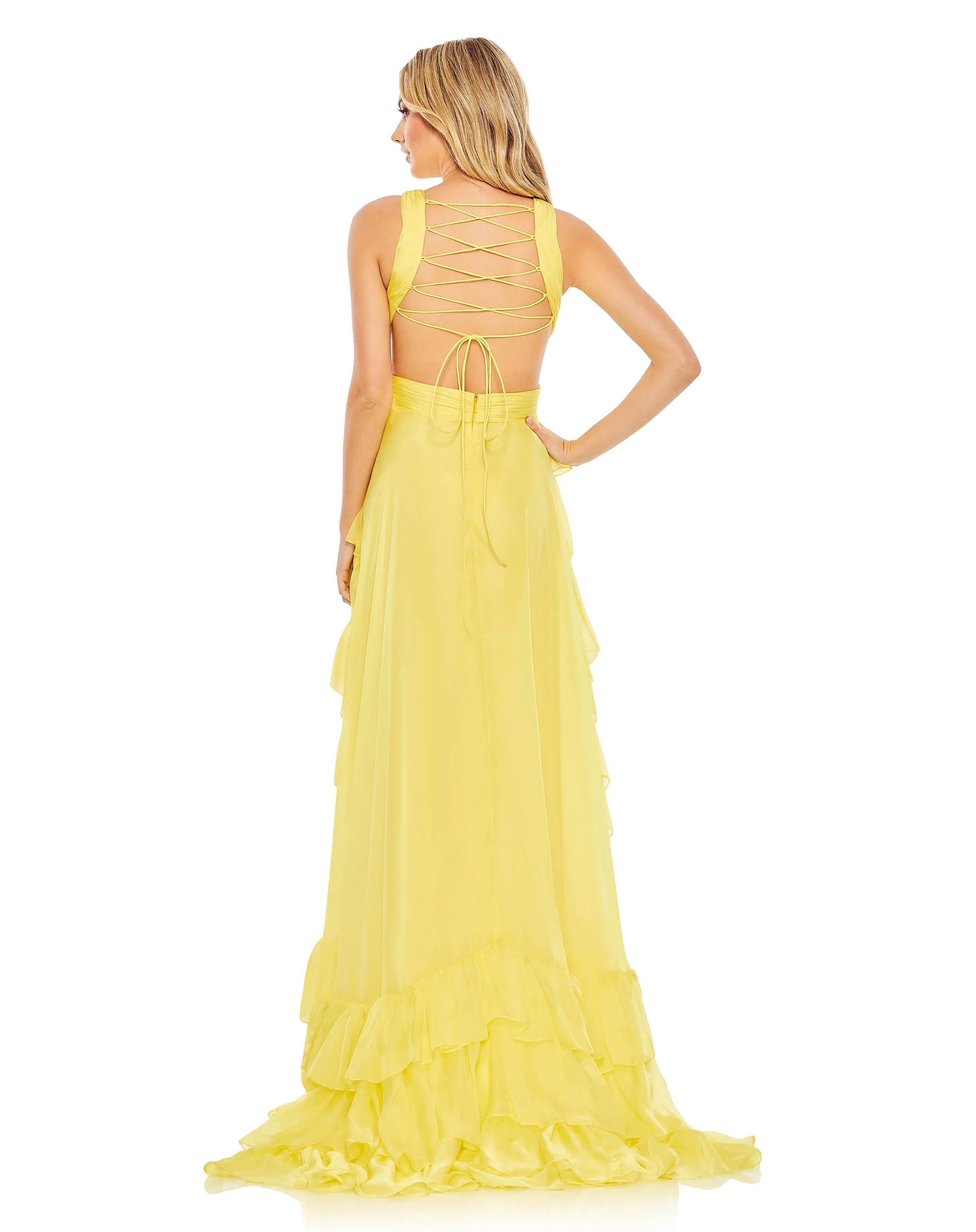 Ruffle Tiered Cross Over High Low Gown