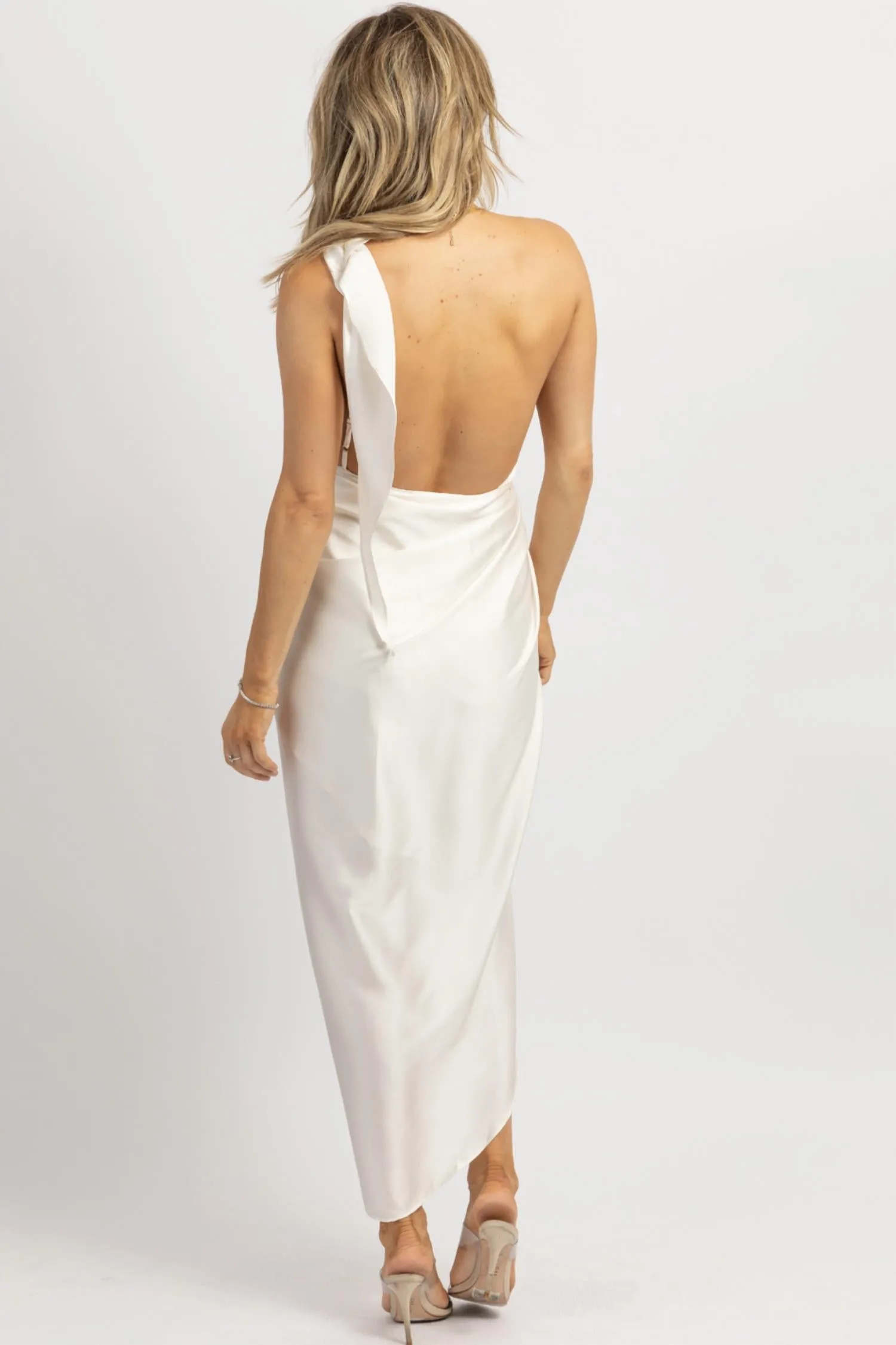 Satin One Shoulder Wrap Dress In Ivory