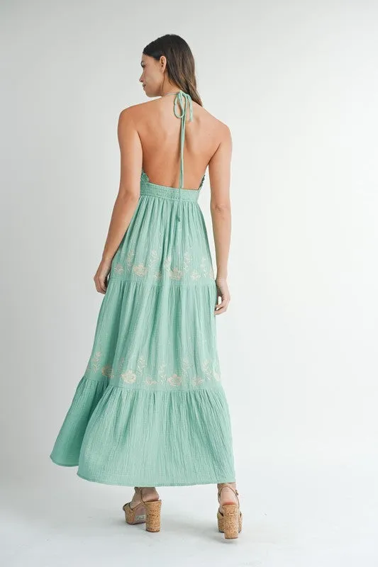 Seagreen Gauze Floral Embroidered Maxi Dress