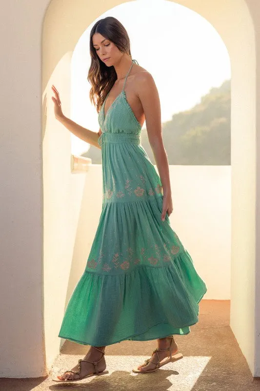 Seagreen Gauze Floral Embroidered Maxi Dress