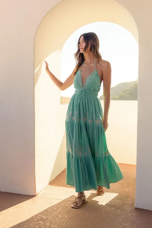 Seagreen Gauze Floral Embroidered Maxi Dress