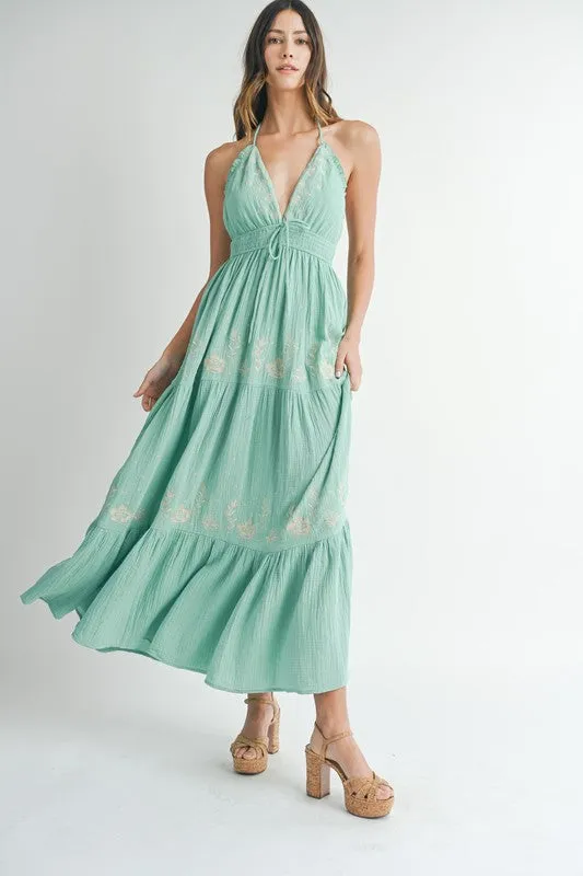 Seagreen Gauze Floral Embroidered Maxi Dress