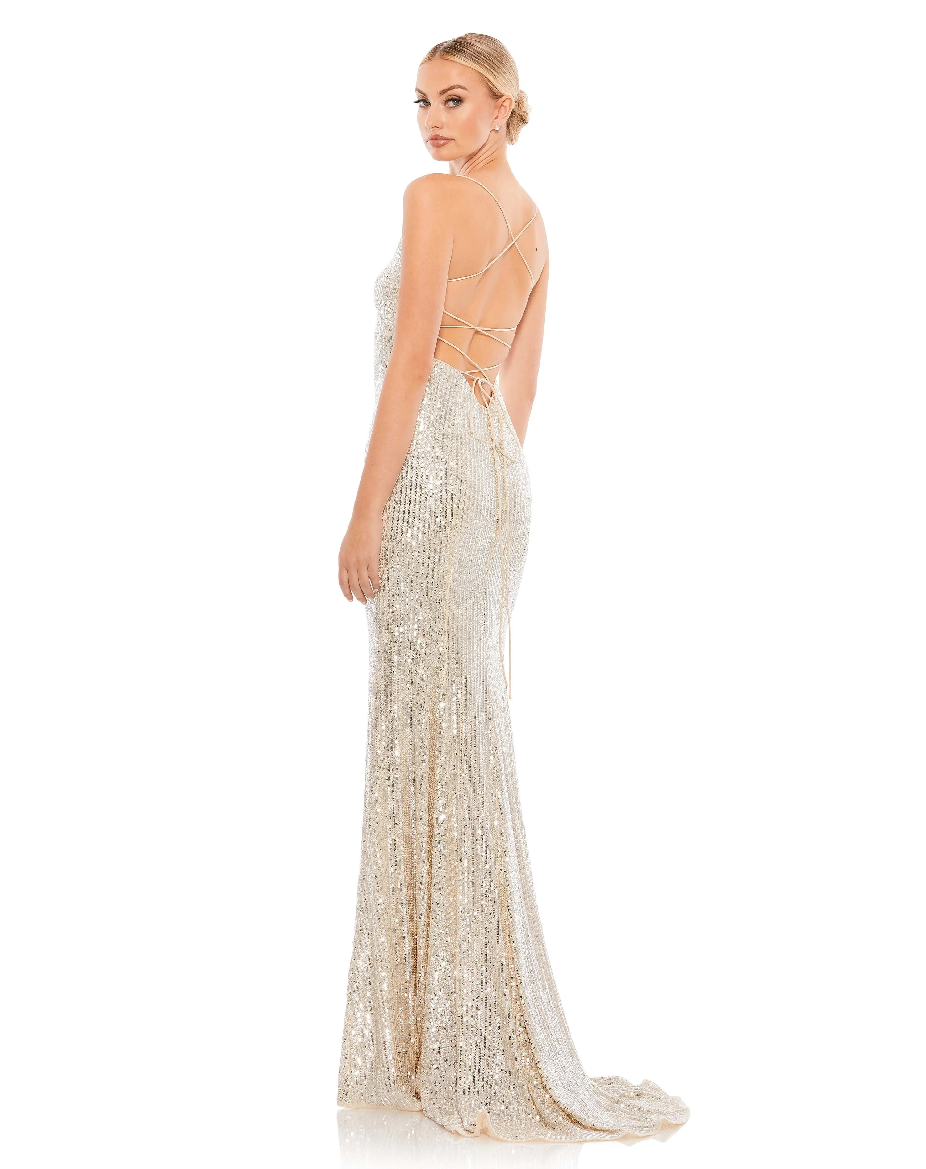 Sequin Lace Up Back Evening Gown