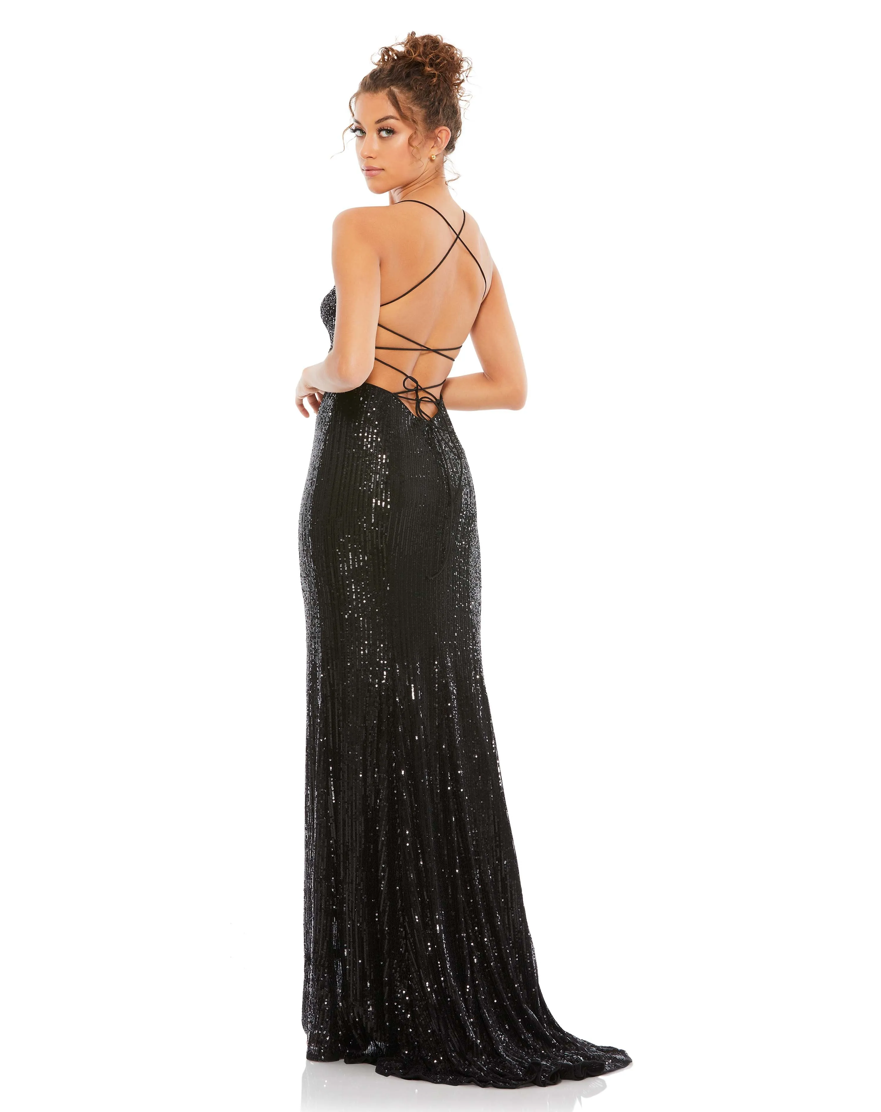 Sequin Lace Up Back Evening Gown