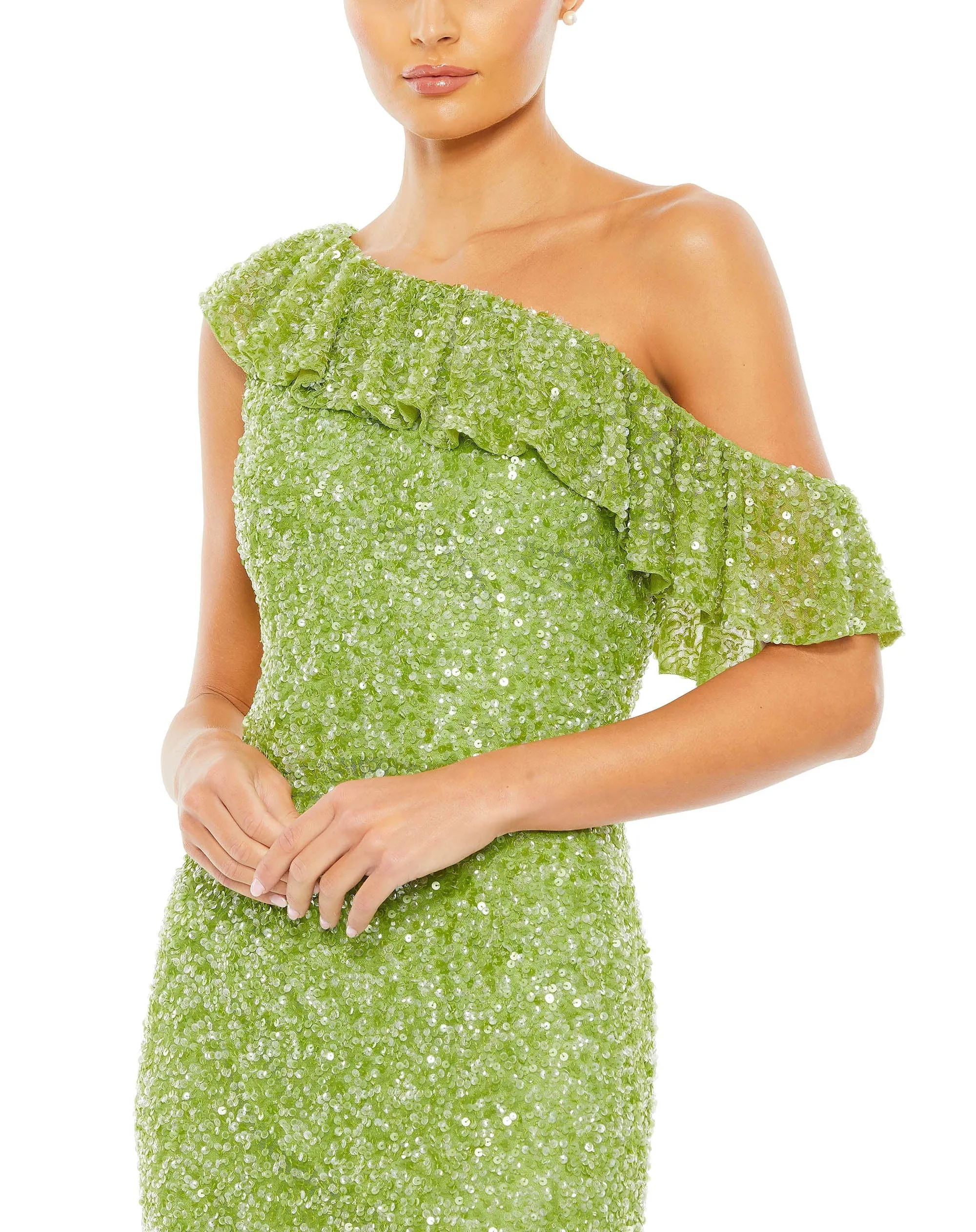 Sequined Drop Shoulder Trumpet Gown